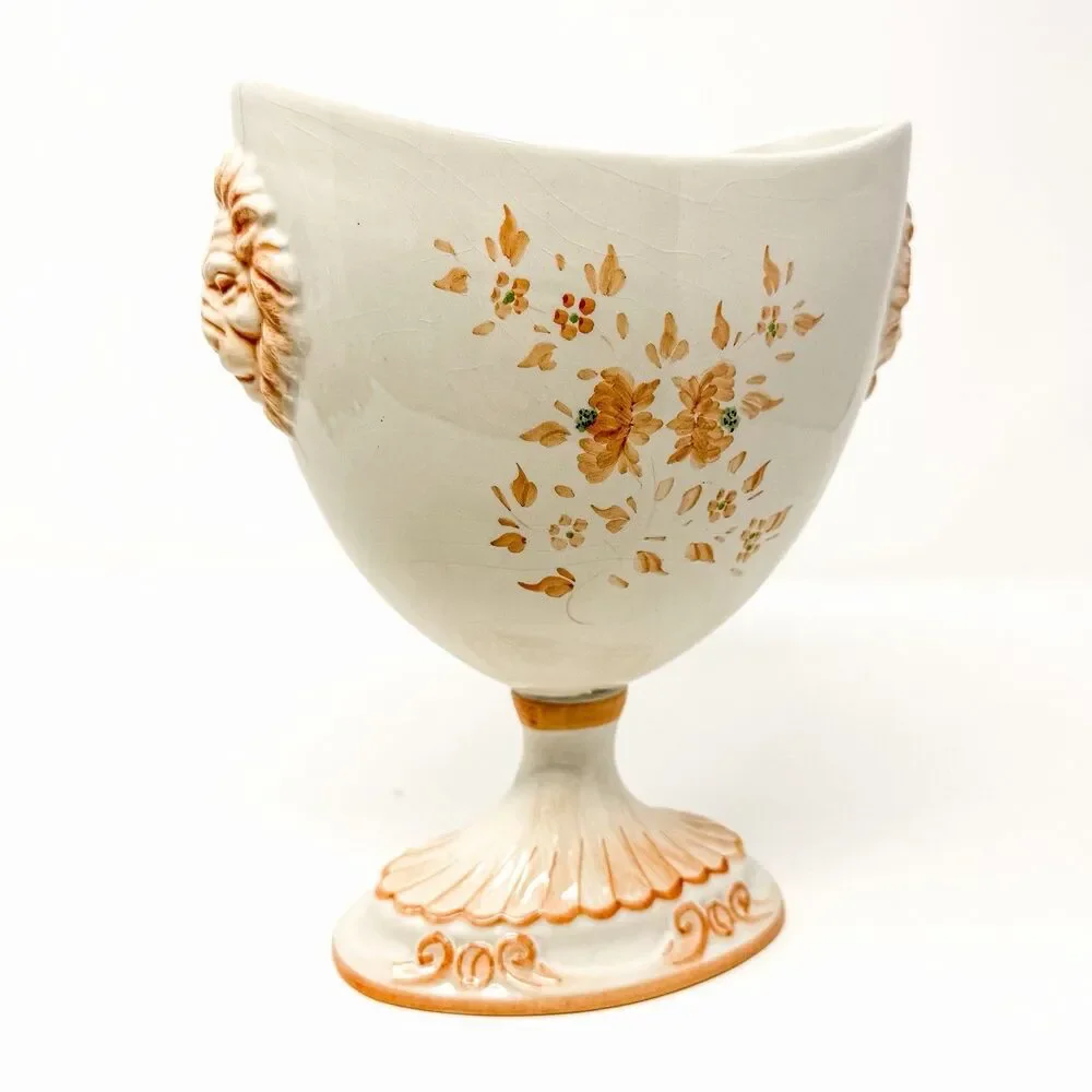 Vintage Nora Fenton Italy Lion Mask Pedestal Urn Vase Hand Painted Floral 8.5”